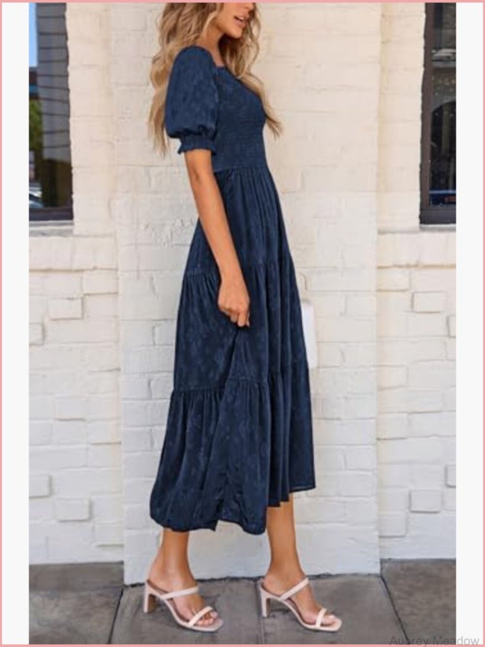 Square Neck Short Sleeve Smocked Midi Dress Floral Boho - Picture 6 of 7